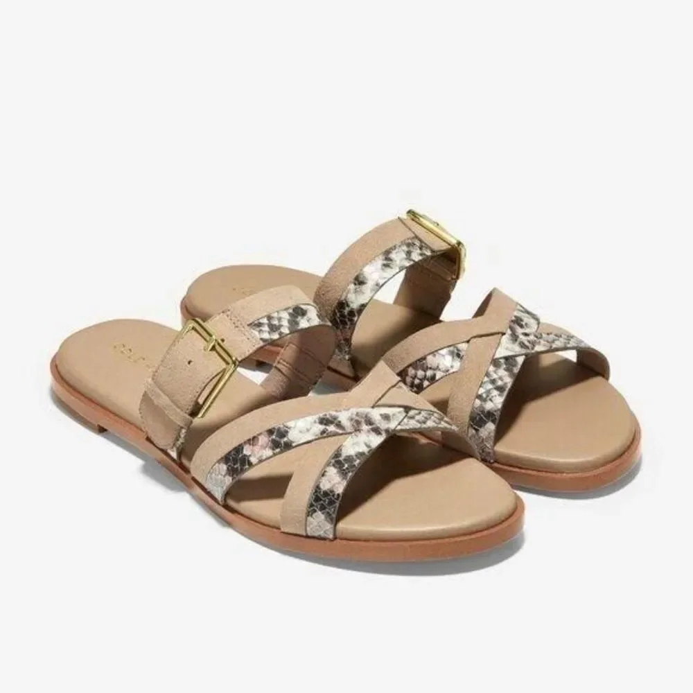 Cole Haan Python-Print Fairen Leather Strappy Buckle Slide Flat Sandals Size 8M